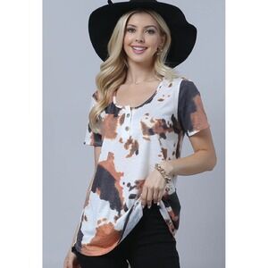 Women's Short Sleeve Henley Tee in White, Black & Brown